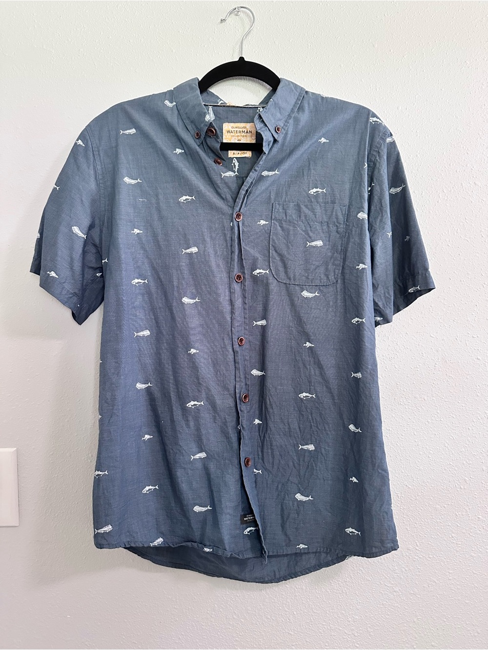 Quiksilver Slate Blue Short-Sleeve Button-Down with White Fish Print